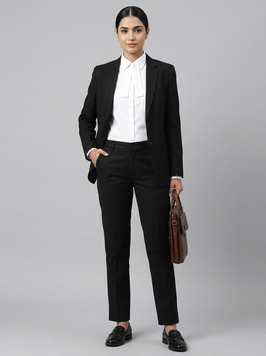 watermark-removed-Model_styled_as_lawyer_standing_202608021922 Women Black Formal Pant (Imported Denim Fabric) - Image 1